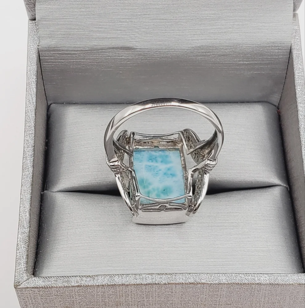 925 Sterling Silver Genuine Rectangle Blue Larimar Statement Ring